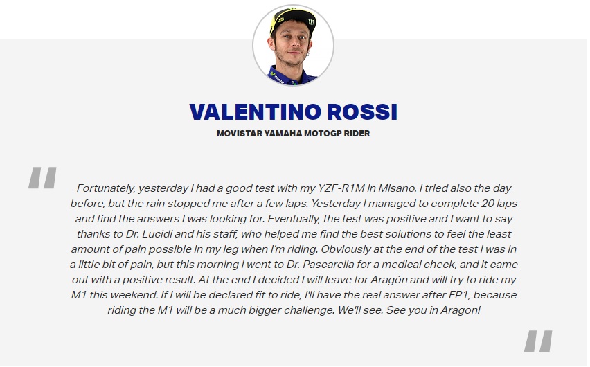 Valentino Rossi sarà ad Aragon