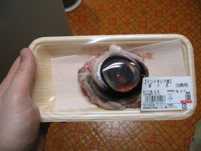 Se ti piace il sushi e il sashimi, non puoi astenerti dall’assaggiare questa pietanza giapponese. L’occhio di tonno è venduto anche al supermercato, ed è esattamente quello che pensi. Circondato da muscoli oculari mozzati, è cucinato con dashi (brodo di pesce) e salsa di soia.