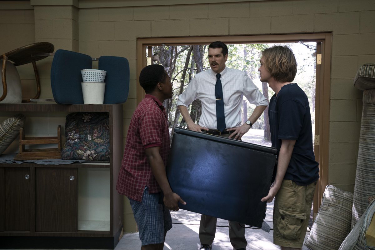 Looking For Alaska - "Famous Last Words" - Episode 101 -- Miles Halter, seeking a more than minor life, enrolls at Culver Creek Academy. On his first day, he gets a new nickname, a best friend, some enemies and makes a deal with Alaska Young that will change his life forever. The Colonel (Denny Love), The Eagle (Timothy Simons), and Miles (Charlie Plummer), shown. (Photo by: Alfonso Bresciani/Hulu)