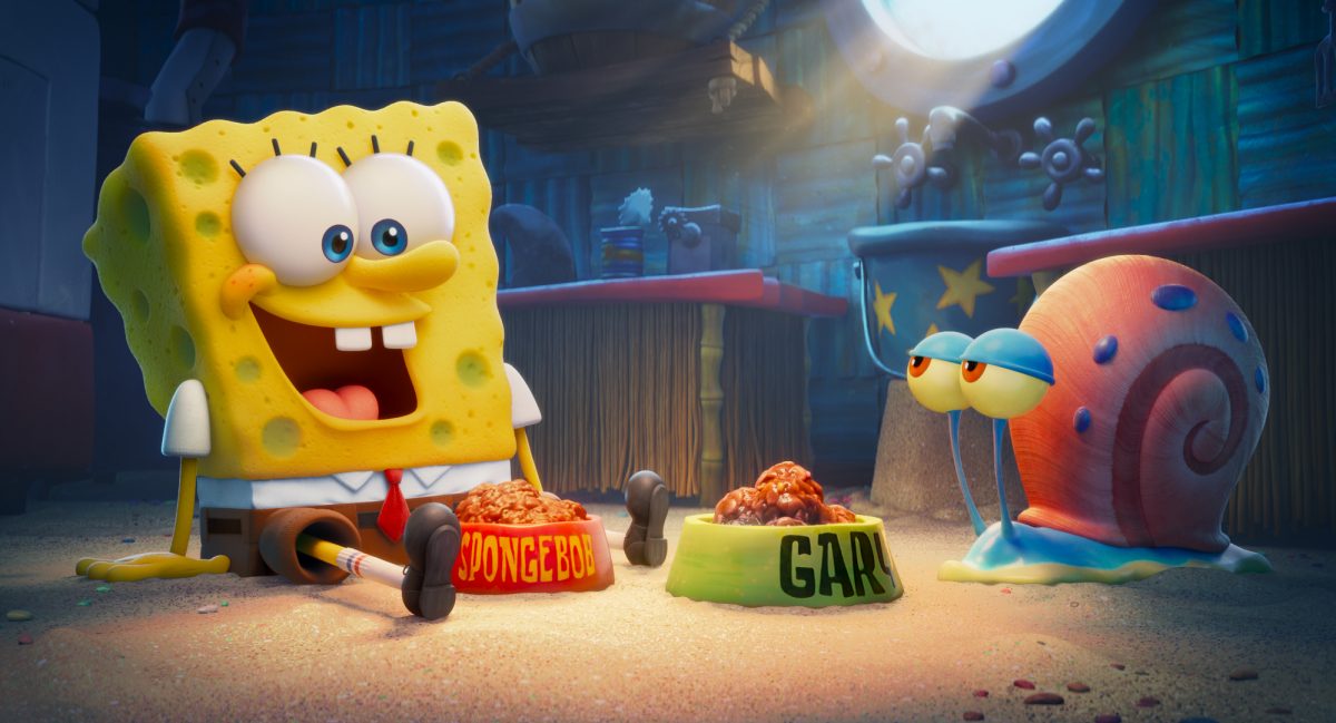 SpongeBob (voiced by Tom Kenny) and Gary in THE SPONGEBOB MOVIE: SPONGE ON THE RUN from Paramount Animation and Nickelodeon Movies. Photo Credit: Paramount Animation.
