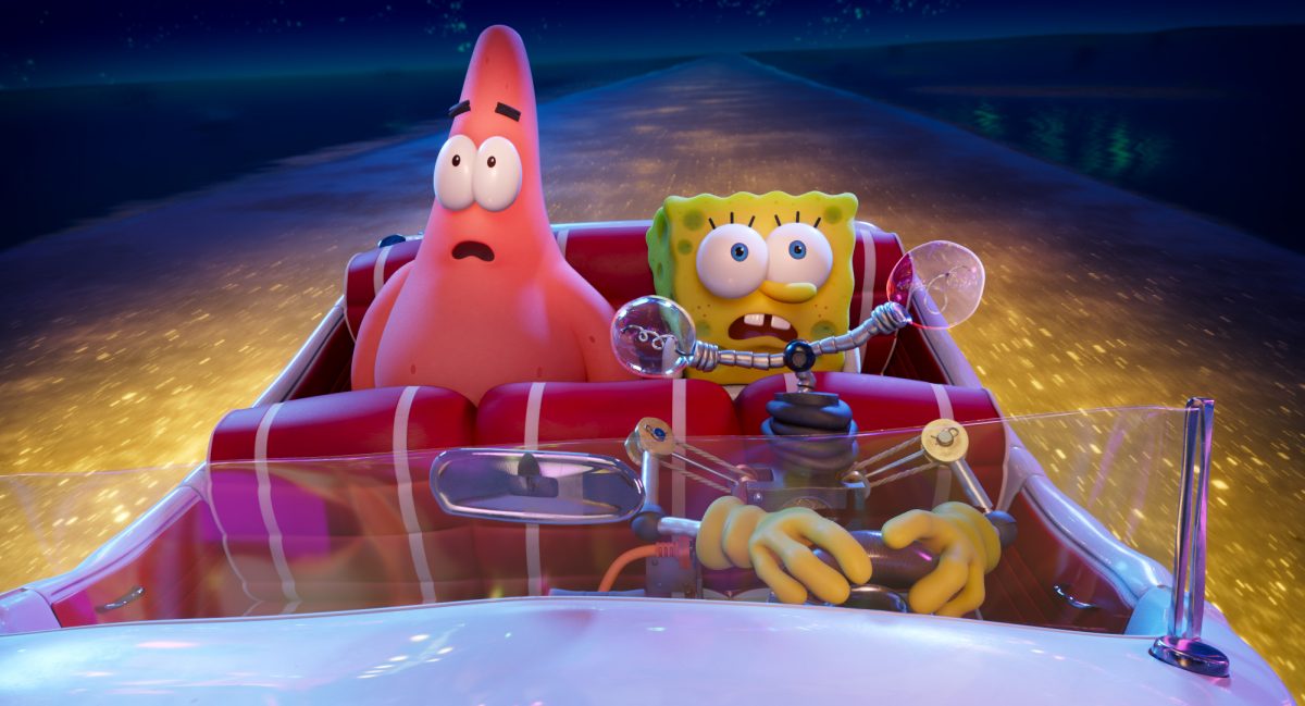 Patrick (voiced by Bill Fagerbakke), SpongeBob (voiced by Tom Kenny), and Otto (voiced by Awkwafina) in THE SPONGEBOB MOVIE: SPONGE ON THE RUN from Paramount Animation and Nickelodeon Movies. Photo Credit: Paramount Animation.