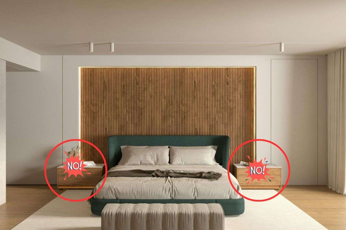 camera da letto con comodini cerchiati e scritta no