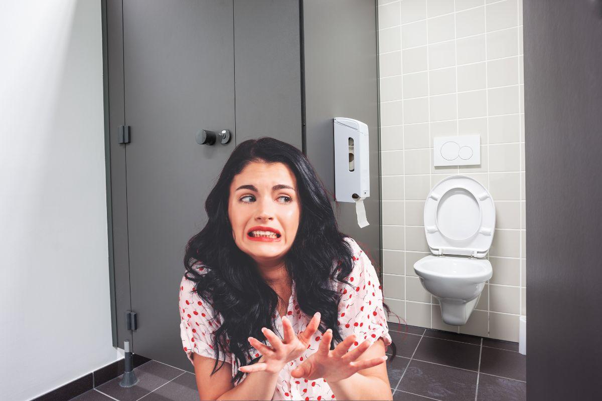 donna disgustata in un bagno pubblico