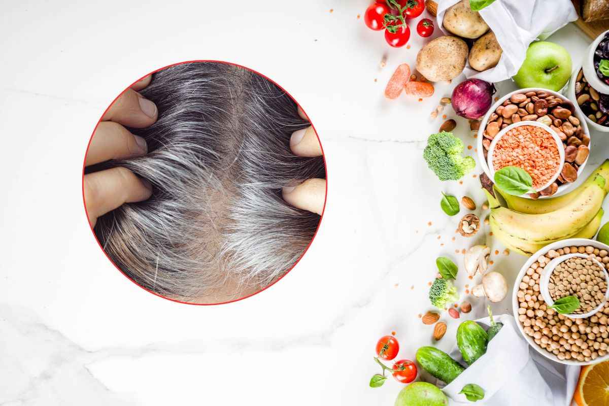donna con capelli grigi e vari alimenti