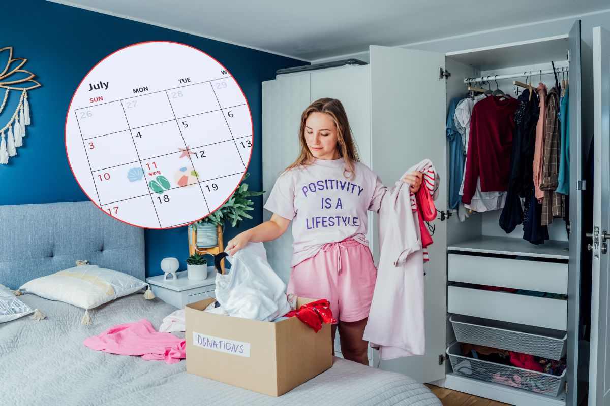 donna che riordina vestiti e calendario mese di luglio